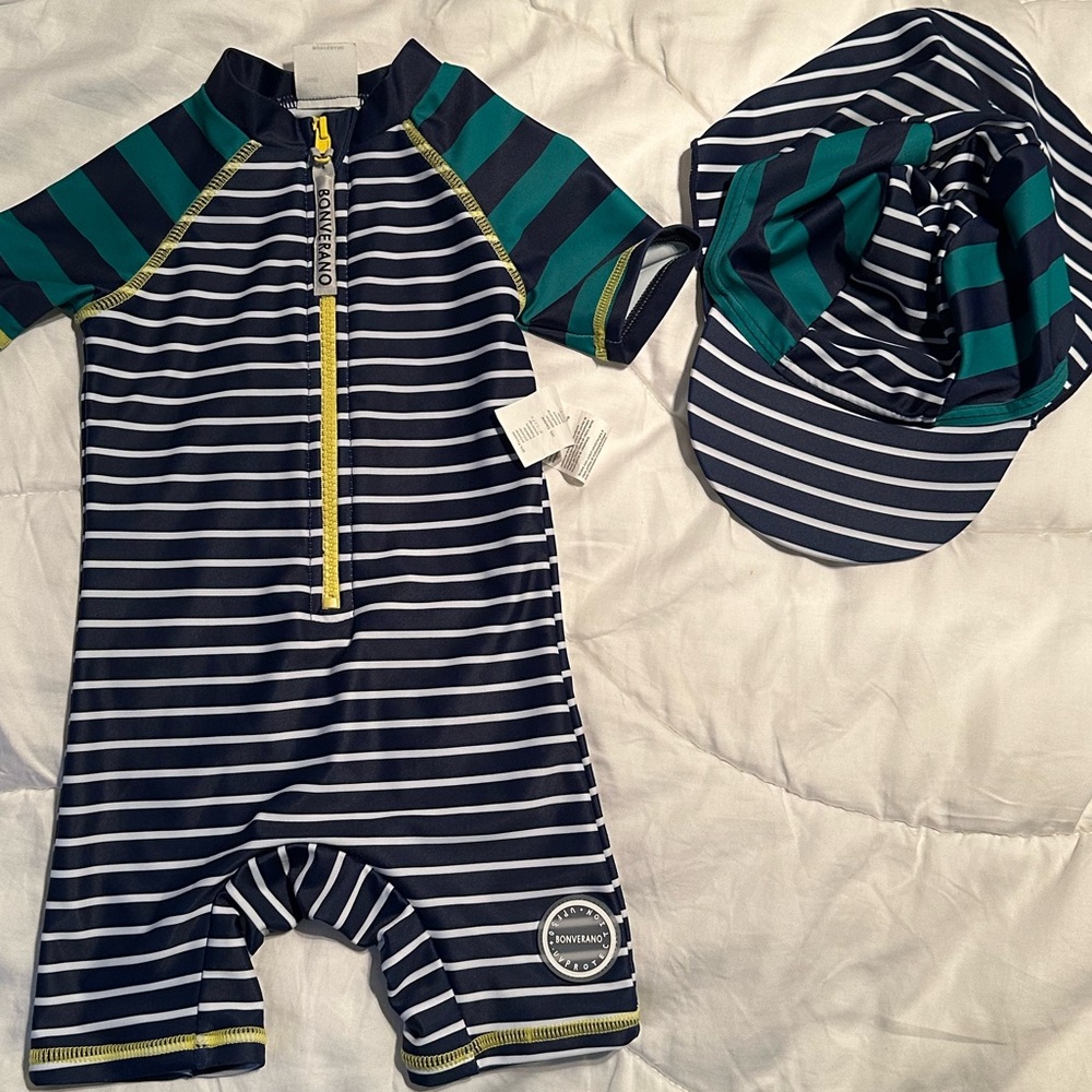 Bonverano 6-9m baby swimsuit and matching sun hat BRAND NEW 50+ UV